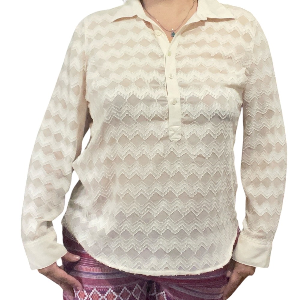 Merona Womens XXL Cream Sheer Textured Chevron Diamond Long Sleeve Henley Blouse